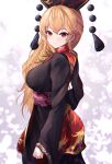  1girl black_dress blonde_hair breasts chinese_clothes crescent dress highres junko_(touhou) large_breasts long_hair looking_at_viewer orchid_(orukido) phoenix_crown red_eyes simple_background solo tabard touhou wide_sleeves 