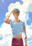  1boy abs arm_at_side bangs blue_hair blue_sky casual closed_mouth clouds cowboy_shot cross_scar day hand_up highres long_sleeves looking_at_viewer male_focus navel one_eye_covered outdoors pants purple_pants red_eyes scar scar_on_cheek scar_on_face serota shading_eyes shirt short_hair short_sleeves sky smile solo t-shirt touken_ranbu wind yamabushi_kunihiro 