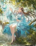  1girl absurdres blue_dress blue_hair douluo_dalu dress full_body glass grass hand_up highres long_hair looking_up ning_rongrong_(douluo_dalu) outstretched_hand r_jiu_yu rock sash solo vegetation 