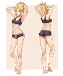  1girl abs absurdres adjusting_hair alternate_costume angry armpits arms_behind_head ass blonde_hair border braid breasts brown_background deccatezu fate/grand_order fate_(series) french_braid frown green_eyes heel_up highres mordred_(fate) multiple_views navel outside_border ponytail short_shorts shorts small_breasts solo sports_bra sweat thighs white_border 