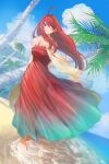  1girl ahoge arms_behind_back bangs bare_shoulders barefoot beach blue_eyes blue_sky blush breasts closed_mouth clouds collarbone commentary_request day dress dutch_angle eyebrows_visible_through_hair floating_hair full_body go-toubun_no_hanayome gradient_dress green_dress highres hirokiku large_breasts long_hair looking_at_viewer nakano_itsuki ocean outdoors palm_tree red_dress redhead see-through sky smile soaking_feet solo tree very_long_hair water wind 
