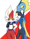  :&lt; absurdres bright_pupils cinderace closed_mouth colaoud commentary_request frown furry hand_on_hip hand_up highres inteleon korean_commentary pokemon pokemon_(creature) red_eyes smile white_pupils yellow_eyes 