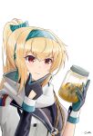  1girl artist_name bangs black_gloves blonde_hair closed_mouth collapse_fluid_(girls&#039;_frontline) cumjar_(meme) english_commentary eyebrows_visible_through_hair figure finger_to_own_chin gamryous girls_frontline gloves green_hairband green_ribbon hair_ribbon hairband high_ponytail highres holding holding_jar jacket jar long_hair looking_at_object meme my_little_pony my_little_pony_friendship_is_magic ponytail rainbow_dash red_eyes ribbon solo sv-98_(girls&#039;_frontline) thinking upper_body white_background white_jacket 