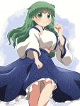  1girl bare_shoulders blue_skirt blush closed_mouth detached_sleeves eyebrows_visible_through_hair feet_out_of_frame frog_hair_ornament green_eyes green_hair hair_between_eyes hair_ornament highres japanese_clothes kochiya_sanae long_hair nontraditional_miko rokugou_daisuke signature skirt smile snake_hair_ornament solo touhou white_sleeves wide_sleeves 