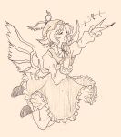  1girl animal_ears beamed_eighth_notes bird_ears bird_wings closed_eyes dress eyebrows_visible_through_hair fingernails full_body highres juliet_sleeves long_fingernails long_sleeves monochrome music musical_note mystia_lorelei open_mouth pekepeke_(toho_jk) puffy_sleeves quarter_note sharp_fingernails shoes short_hair singing solo touhou winged_hat wings 