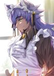  1boy alternate_costume animal_ears apron bangs bell bright_pupils buttons closed_mouth collared_dress commentary_request dress enmaided frills glint hair_ribbon highres leon_(pokemon) long_hair looking_down maid maid_headdress male_focus pokemon pokemon_(game) pokemon_swsh purple_hair ribbon smile solo upper_body white_apron white_jabot white_pupils yellow_eyes yunoru 