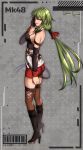  1girl absurdres annno_ans back bangs barcode bare_shoulders black_footwear black_gloves black_legwear blush boots breasts character_name commentary commission crop_top eyebrows_visible_through_hair full_body girls_frontline gloves green_hair hair_ornament hairclip hand_on_own_face high_heel_boots high_heels highres large_breasts legs long_hair looking_at_viewer looking_to_the_side mk48_(girls&#039;_frontline) open_mouth parted_lips ponytail red_eyes red_shorts shorts sideboob simple_background single_glove skeb_commission sleeveless smirk solo standing thigh-highs 