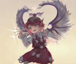  1girl animal_ears bird_ears bird_wings blush brown_background brown_dress brown_headwear dress fingernails grey_eyes heart long_fingernails long_sleeves mystia_lorelei open_mouth pink_hair riki6 short_hair simple_background smile solo sparkle touhou upper_body white_wings winged_hat wings 