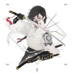  1girl black_hair braid cropped_torso flower hand_up highres holding holding_sheath holding_sword holding_weapon long_hair looking_at_viewer mechanical_arms original park_junkyu red_eyes respirator sheath solo sword tassel unsheathed weapon white_background 