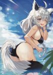  1girl ahoge animal_ear_fluff animal_ears ass bikini black_bikini blue_eyes braid breasts clouds fox_ears fox_girl fox_tail from_behind grey_hair highres hololive leaning_forward long_hair looking_back one_eye_closed open_mouth outdoors shirakami_fubuki short_sleeves sky smile solo soraneko_(purin_kudasai) swimsuit tail thighs virtual_youtuber wet 