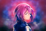 1boy blurry blurry_background chromatic_aberration ciconia_no_naku_koro_ni clouds expressionless from_behind glowing highres hinamikan jayden_(ciconia) looking_at_viewer looking_back purple_hair shirt sky striped striped_shirt upper_body vest violet_eyes 