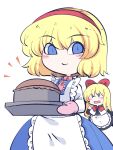  1girl alice_margatroid apron blonde_hair blue_dress blue_eyes blush_stickers closed_mouth doll dress fried_rice0614 hair_between_eyes hairband highres holding long_sleeves one-hour_drawing_challenge oven_mitts red_hairband shanghai_doll short_hair simple_background smile solo touhou white_apron white_background 