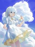  1girl bangs blue_eyes bow clouds dress earrings ginklaga highres honkai_(series) honkai_impact_3rd jewelry layered_dress long_hair looking_at_viewer outdoors skis smile solo theresa_apocalypse white_dress white_hair yellow_bow 