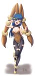  1girl alternate_costume animal_ears arm_up ass_visible_through_thighs bare_shoulders black_legwear blue_eyes blue_hair blush brown_hairband brown_leotard commentary completion_time cosplay covered_navel dated_commentary els_(ljhlee12) fake_animal_ears fake_tail full_body hair_ornament hairband hairclip hand_up happy head_tilt highres hikari_(pokemon) knees_together_feet_apart leg_up leotard long_hair looking_at_viewer lopunny lopunny_(cosplay) mega_lopunny mega_lopunny_(cosplay) mega_pokemon one_eye_closed open_mouth pantyhose playboy_bunny pokemon pokemon_(game) pokemon_dppt rabbit_ears rabbit_tail shiny shiny_clothes shiny_skin shoes sidelocks simple_background smile solo standing standing_on_one_leg strapless strapless_leotard tail torn_clothes torn_legwear w w_over_eye white_background yellow_footwear 