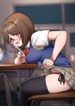  1girl absurdres artist_name beiske_(de_skb3) black_legwear black_panties blue_sweater_vest blurry blurry_background bow bowtie breasts brown_hair brown_skirt classroom clothes_lift collared_shirt commentary_request depth_of_field desk fang from_side glasses green_eyes highres idolmaster idolmaster_cinderella_girls indoors leaning_forward lifted_by_self looking_at_viewer looking_to_the_side maekawa_miku medium_breasts one_eye_closed open_mouth paid_reward_available panties patreon_username pleated_skirt red-framed_eyewear red_bow red_bowtie school_desk school_uniform shirt short_hair short_sleeves side-tie_panties sitting skirt skirt_lift solo sweater_vest thigh-highs underwear web_address white_shirt wing_collar 