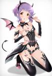  1girl absurdres bangs blush boots breasts claw_pose commentary_request demon_horns demon_tail demon_wings detached_collar detached_sleeves gem highres homco horns idolmaster idolmaster_million_live! kneeling looking_at_viewer makabe_mizuki open_mouth purple_hair short_hair sidelocks small_breasts solo tail thigh-highs thigh_boots thighs wavy_hair white_background wings 