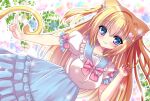  1girl :3 \n/ animal_ear_fluff animal_ears bangs blonde_hair blue_hair blush cat_ears cat_girl cat_tail dress eyebrows_visible_through_hair frills gradient_eyes hair_ornament hairclip hand_up heart heart_hair_ornament highres hinao impossible_clothes long_hair looking_at_viewer multicolored_eyes neck_ribbon original outline outstretched_arm plant puffy_short_sleeves puffy_sleeves ribbon sailor_collar sailor_dress short_sleeves smile solo sparkle tail twintails two_side_up very_long_hair vines violet_eyes white_outline 