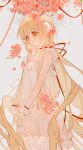  1girl bare_shoulders blonde_hair chii chobits choker ciloranko closed_mouth covered_navel dress eyebrows_visible_through_hair flower frilled_choker frilled_dress frills hair_between_eyes highres long_hair orange_eyes panties petals pink_flower red_choker robot_ears see-through see-through_dress solo standing underwear very_long_hair white_dress white_panties 