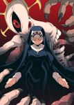  1girl absurdres black_dress black_nails blonde_hair breasts closed_eyes double_(skullgirls) dress eldritch_abomination fingernails habit halo highres ishiyumi large_breasts nun open_hand open_hands red_background red_eyes sharp_fingernails skullgirls smile tongue tongue_out 