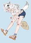  1girl absurdres animal_ears arknights bandages feet hair_ornament hat highres lappland_(arknights) long_hair looking_at_viewer rawlelappland sandals scar scar_across_eye solo tail wolf_ears wolf_girl wolf_tail yellow_eyes 