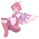  1girl animal_ears bird_ears bird_wings blush brown_dress brown_eyes brown_headwear brown_legwear closed_mouth dress eyebrows_visible_through_hair fingernails frilled_sleeves frills full_body hair_between_eyes juliet_sleeves kneehighs long_sleeves mystia_lorelei pink_hair puffy_sleeves rangycrow sharp_fingernails short_hair simple_background solo touhou white_background white_wings wide_sleeves winged_hat wings 