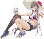  1girl ahoge bangs bare_shoulders bikini blue_footwear blush breasts collarbone cup full_body grey_hair grey_legwear grey_shorts hair_between_eyes hat holding holding_cup kurumi_(recycllamo) long_hair looking_at_viewer navel original parted_lips purple_bikini red_eyes sandals short_shorts shorts simple_background single_thighhigh smile solo stomach swimsuit thigh-highs white_background white_headwear 
