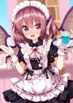  1girl :d alternate_costume apron black_dress blush bow bowtie brown_hair cowboy_shot cup dress enmaided eyebrows_visible_through_hair frilled_apron frills hair_between_eyes head_wings highres holding looking_at_viewer maid maid_apron maid_headdress mystia_lorelei open_mouth pink_eyes puffy_short_sleeves puffy_sleeves ruu_(tksymkw) short_hair short_sleeves smile solo touhou tray white_apron wings wrist_cuffs 