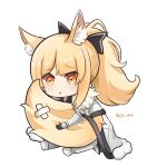  1girl :o animal_ear_fluff animal_ears arknights armor black_bow blemishine_(arknights) blonde_hair bow cape chibi crossed_bandaids fur-trimmed_armor fur-trimmed_cape fur_trim grey_cape hair_bow horse_ears horse_girl horse_tail long_hair nemesis_gx ponytail simple_background sitting solo tail tail_hug twitter_username white_background yellow_eyes 