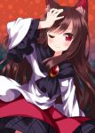  1girl animal_ears blush brown_hair closed_mouth cowboy_shot dress frilled_sleeves frills highres imaizumi_kagerou long_hair long_sleeves one_eye_closed red_eyes ruu_(tksymkw) smile solo tail touhou white_dress wide_sleeves wolf_ears wolf_tail 