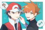  2boys ? ?? black_shirt blue_oak border brown_eyes brown_hair cheek_pinching collared_shirt commentary_request green_background hand_up hat jacket jewelry looking_at_viewer looking_to_the_side male_focus multiple_boys musical_note necklace norisukep pinching pokemon pokemon_(game) pokemon_frlg popped_collar purple_wristband red_(pokemon) red_headwear red_jacket shirt short_hair sleeveless sleeveless_jacket sparkle spiky_hair spoken_musical_note spoken_question_mark t-shirt upper_body white_border wristband 