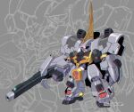  chibi glowing glowing_eyes grey_background gun gundam gundam_u.c._engage highres holding holding_gun holding_weapon kuramochi_kyouryuu mecha mushika no_humans one-eyed open_hand pink_eyes solo twitter_username weapon 