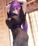  1girl arms_behind_head arms_up aztodio bangs black_kimono breasts commentary crossed_bangs english_commentary fate/grand_order fate_(series) from_below hair_between_eyes hair_ribbon indoors japanese_clothes kimono large_breasts long_hair long_sleeves looking_at_viewer parted_lips ponytail purple_hair red_eyes ribbon scathach_(fate) scathach_skadi_(fate) solo wet wet_hair wide_sleeves 