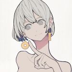  1girl asymmetrical_earrings bangs bare_shoulders bob_cut closed_mouth hand_up head_tilt highres looking_away o-ring original poking portrait short_hair sideways_glance sikikazuto simple_background smile solo white_background white_hair 
