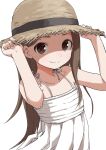  1girl absurdres bare_shoulders brown_hair check_commentary commentary_request dress hat highres karakai_jouzu_no_takagi-san long_hair looking_at_viewer simple_background smile solo straw_hat sundress takagi-san upper_body white_background white_dress yamamoto_souichirou 
