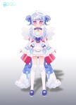  1girl 3di_project :3 angel bangs blue_footwear blue_hair choker closed_mouth double_bun full_body gradient gradient_background halo highres logo otto_mareo shadow shoes short_eyebrows solo thien_(sky)_(3di) virtual_youtuber white_legwear wings 