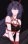  1girl arms_behind_back bangs bdsm black_background black_pants bondage bound bound_arms box_tie breast_bondage breasts clenched_teeth eyebrows_visible_through_hair highres honkai_(series) honkai_impact_3rd horns kyoshin9o long_hair looking_at_viewer pants parted_lips purple_hair raiden_mei raiden_mei_(herrscher_of_thunder) red_rope rope shibari shibari_over_clothes solo teeth violet_eyes 
