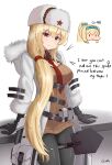  1girl arms_behind_back artist_name bangs belt_bag black_gloves black_legwear blonde_hair blush breasts brown_sweater closed_mouth coat cosplay english_commentary english_text eyebrows_visible_through_hair feet_out_of_frame fur-trimmed_coat fur-trimmed_sleeves fur_trim gamryous girls_frontline gloves hat hat_ornament highres long_hair long_sleeves looking_at_viewer medium_breasts mod3_(girls&#039;_frontline) mosin-nagant_(girls&#039;_frontline) mosin-nagant_(girls&#039;_frontline)_(cosplay) necktie open_clothes open_coat pantyhose papakha red_eyes red_necktie red_star shovel smile solo standing star_(symbol) star_hat_ornament sv-98_(girls&#039;_frontline) sweater white_background white_coat white_headwear 