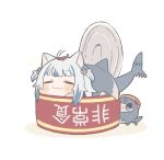  1girl :3 =_= animal_ear_fluff animal_ears animal_on_head bangs bloop_(gawr_gura) blue_hair blunt_bangs blush_stickers can cat_ears chibi commentary fish_tail gawr_gura highres hololive hololive_english in_container multicolored_hair on_head same_anko shark_tail shrimp simple_background smile solo streaked_hair symbol-only_commentary tail translated two-tone_hair two_side_up upside-down_text virtual_youtuber white_background white_hair 