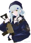  1girl 416_day agent_416_(girls&#039;_frontline) assault_rifle bangs blue_headwear blue_jacket closed_mouth commentary cropped_torso eyebrows_visible_through_hair girls_frontline green_eyes gun h&amp;k_hk416 hair_ornament hairclip hat headphones headphones_around_neck highres hk416_(girls&#039;_frontline) holding holding_gun holding_weapon ingerdoll jacket light_blue_hair long_hair long_sleeves looking_at_viewer police_hat rifle solo teardrop_facial_mark teardrop_tattoo tom_clancy&#039;s_the_division twitter_username upper_body weapon white_background 