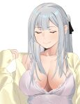  1girl absurdres ak-12_(girls&#039;_frontline) bangs black_ribbon braid breasts closed_eyes closed_mouth collarbone english_commentary eyebrows_visible_through_hair girls_frontline grey_hair hair_ribbon highres long_hair medium_breasts nightgown open_clothes open_robe ribbon robe side_braid smile solo talnory upper_body white_background white_nightgown yellow_robe 