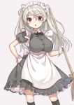  1girl alternate_costume apron black_legwear breasts brown_eyes commentary_request conte_di_cavour_(kancolle) dress enmaided feet_out_of_frame frilled_apron frills gloves grey_dress kantai_collection large_breasts long_hair long_sleeves maid maid_headdress mitsuyo_(mituyo324) mop simple_background socks solo standing two_side_up white_apron white_background white_gloves white_hair 