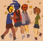  4boys black_hair brown_hair character_mask crying_child&#039;s_brother_(fnaf) dabi_bill five_nights_at_freddy&#039;s five_nights_at_freddy&#039;s_4 hands_in_pockets highres hood hoodie mask michael_afton multiple_boys short_hair shorts vest younger 