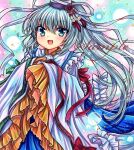  1girl :d blue_eyes eyebrows_visible_through_hair frills green_eyes green_ribbon grey_hair hair_between_eyes hat hat_ribbon japanese_clothes kimono layered_clothes layered_kimono long_hair looking_at_viewer mononobe_no_futo multicolored_eyes own_hands_together pom_pom_(clothes) ponytail red_ribbon ribbon rui_(sugar3) sample_watermark sleeves_past_fingers sleeves_past_wrists smile solo tate_eboshi touhou white_ribbon 