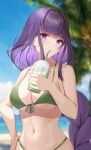  1girl bakemonsou bangs bare_arms bare_shoulders bikini blue_sky blurry blurry_background blush commentary_request cup day disposable_cup drinking drinking_straw front-tie_bikini front-tie_top genshin_impact green_bikini highres holding holding_cup long_braid long_hair looking_at_viewer navel partial_commentary purple_hair raiden_shogun sky solo stomach swimsuit upper_body very_long_hair violet_eyes 