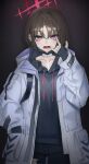  1girl absurdres bandaged_neck bandages bangs black_hair blue_archive ear_piercing fang fingerless_gloves gloves halo hand_in_pocket highres hood hooded_jacket hoodie ildy jacket looking_at_viewer mask misaki_(blue_archive) mouth_mask open_mouth piercing short_hair solo 