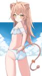  1girl absurdres adjusting_clothes ahoge animal_ears ass bangs bikini blue_sky blush bow bracelet breasts brown_hair closed_mouth clouds cloudy_sky commentary_request crossed_bangs eyebrows_visible_through_hair eyelashes feet_out_of_frame frilled_bikini frills from_behind highres indie_virtual_youtuber jewelry lion_ears lion_girl lion_tail long_hair looking_back rurudo_lion sidelocks sky small_breasts standing swimsuit tail tail_bow tail_ornament thighs virtual_youtuber white_bikini yellow_eyes youyoukai 