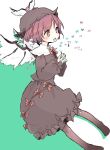  1girl adapted_costume animal_ears bird_ears bird_wings blush brown_dress brown_headwear brown_legwear dated dress eighth_note eyebrows_visible_through_hair fingernails frilled_sleeves frills green_nails long_fingernails long_sleeves m_(m073111) musical_note mystia_lorelei nail_polish one-hour_drawing_challenge open_mouth pink_eyes pink_hair sharp_fingernails short_hair signature solo thigh-highs touhou white_wings winged_hat wings 