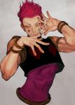  1boy abs armband arms_up artist_name bare_shoulders blood facial_mark fingernails hair_slicked_back highres hisoka_morow hunter_x_hunter looking_to_the_side male_focus morry redhead solo star_(symbol) symbol-only_commentary upper_body vest wristband yellow_eyes 