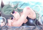  1girl aka_kitsune black_ribbon blue_swimsuit breasts day green_hair hair_between_eyes hair_flaps hair_ornament hair_ribbon kantai_collection long_hair looking_at_viewer neckerchief one-piece_swimsuit partially_submerged ponytail pool poolside ribbon school_swimsuit small_breasts solo swimsuit upper_body water wet wet_clothes wet_swimsuit yamakaze_(kancolle) 