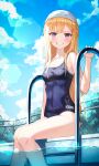  1girl :d absurdres bangs blonde_hair blue_sky blue_swimsuit blurry braid bush chain-link_fence clouds cloudy_sky commentary_request depth_of_field eyebrows_visible_through_hair eyes_visible_through_hair fence grin hair_between_eyes hair_ornament hairclip highleg highleg_swimsuit highres in_water knees_together_feet_apart long_hair name_tag one-piece_swimsuit original pool poolside school_swimsuit sidelocks single_braid sky smile solo swim_cap swimsuit thighs translation_request violet_eyes yeolyeo 